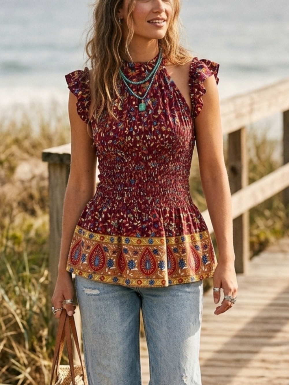 Haute Hippie Smocked Top Halter Peplum sz XS New Boho